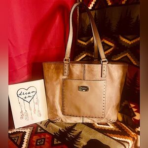 MICHAEL KORS ASTOR TAUPE SUEDE & LEATHER SILVER STUDDED TOTE